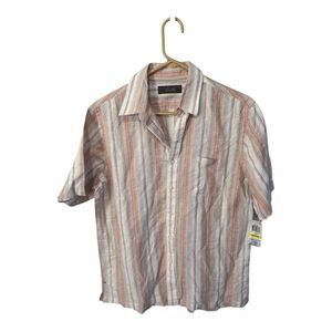 Tasso Elba Linen Blend Striped Short Sleeve Shirt Medium Orange White Button-Up